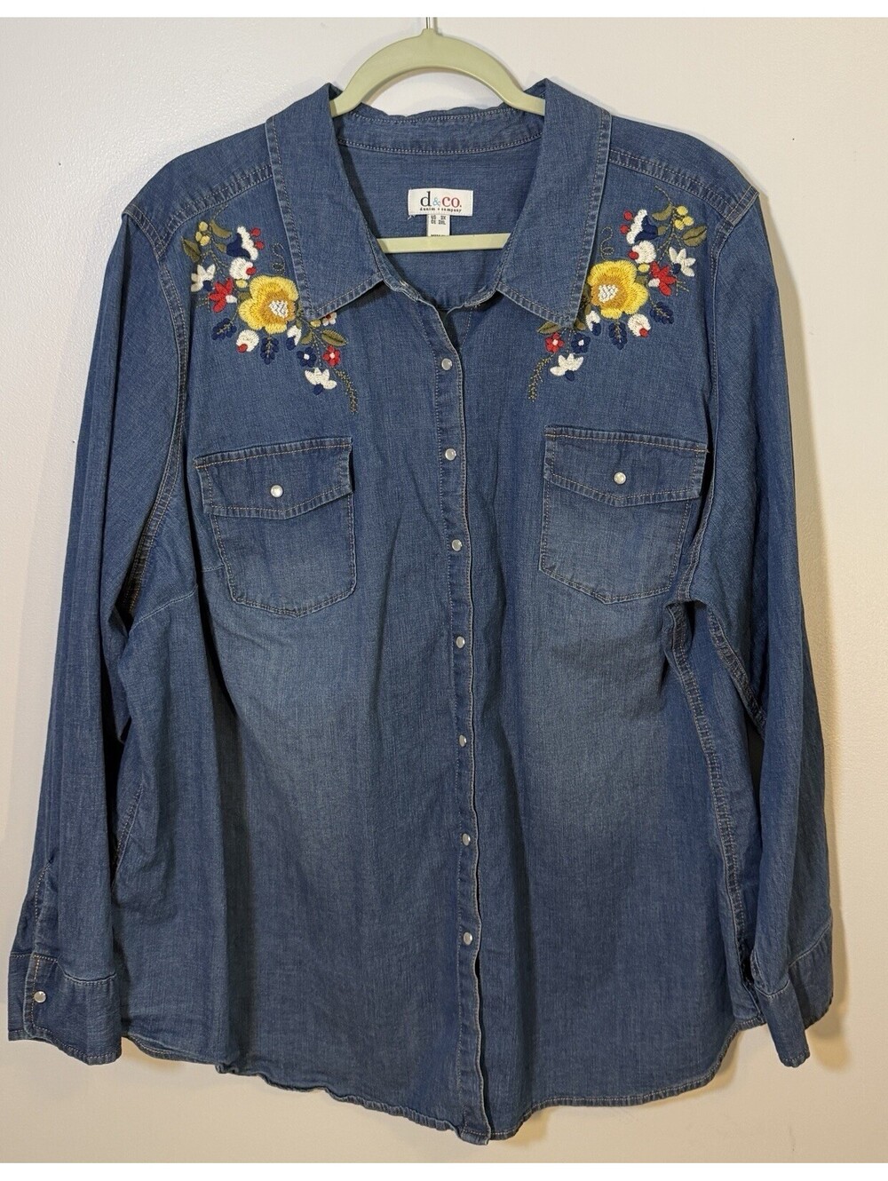 Denim & Co Embroidered Floral Blue Jean Shirt Cottagecore Western Top 3X EUC